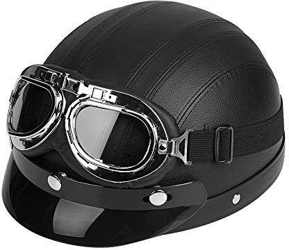 lyrlody Casque de Moto Léger avec Lunettes de Protection UV, écharpe en Cuir Amovible, Demi-casque de Moto Ouvert, Demi-casque Ouvert en Cuir de Moto pour Cruiser (BLACK)