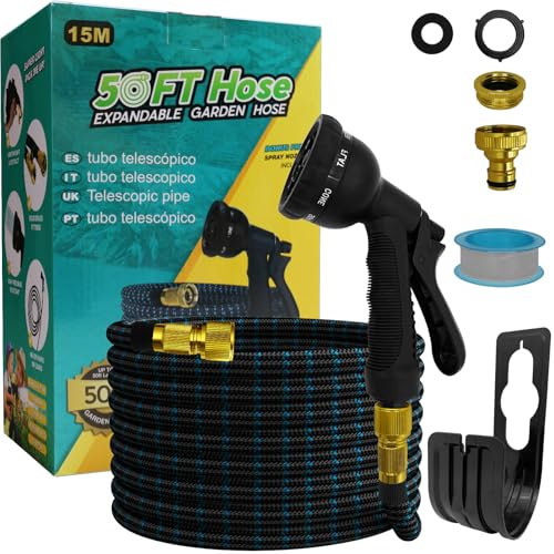 Expandable Garden Hose Pipe 15m 50ft, Upgraded 4-Layer Latex Hose Pipe with 3/4, 1/2 Quick Connectors, Expanding Flexible Hosepipe with 8 Function Spray Gun for Gardening, Car Washing