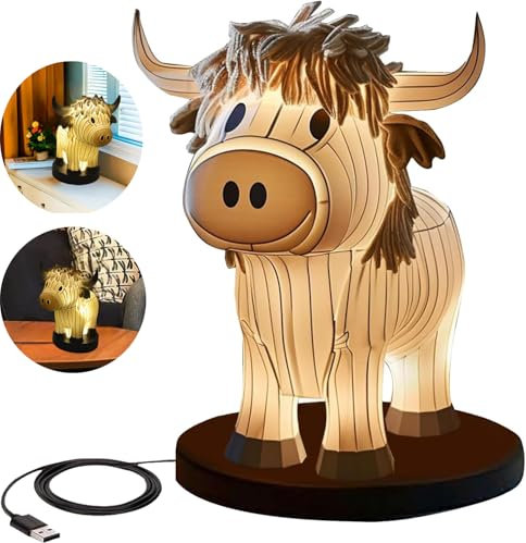 Neioaas Kuh Yak Tischlampe, kleines Tier Nachtlicht, Highland Cow Tischlampe mit USB, tragbare Tischlampe bemalte Kuh Dekorationen für Wohnzimmer Schlafzimmer, Nachttischlampe Geschenk für Mädchen Mam