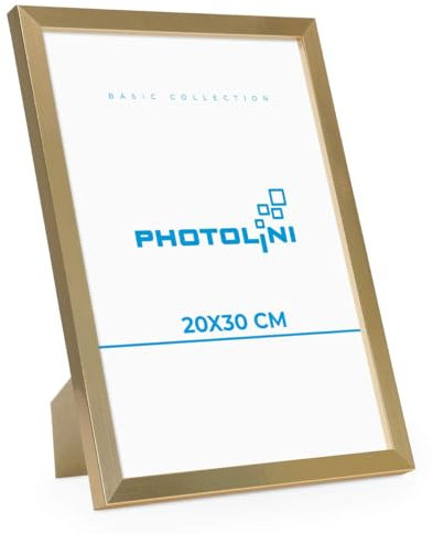 PHOTOLINI Bilderrahmen 20x30 Gold MDF-Holz Poster-Bilderrahmen 30x20 cm, bruchsicheres Acrylglas, zum Aufhängen & Aufstellen, extra Zubehör - für Fotos & Poster