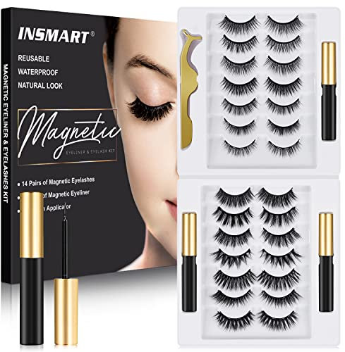 Magnetic Eyelashes, INSMART 14 Pairs False Lashes with 3 Tubes of Magnetic Eyeliner, Magnetic Lashes, Natural Look Kit with Tweezers, Reusable, No Glue