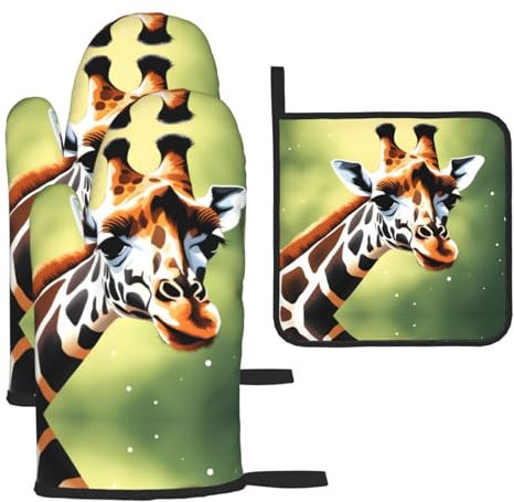 Lot de 3 gants de cuisine et maniques mignons et drôles en forme de girafe pour barbecue et pâtisserie