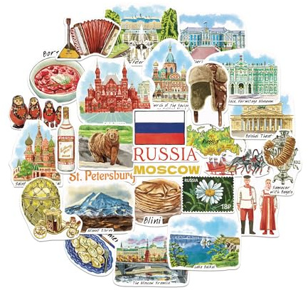 Navy Peony Faszinierende Russland-Reiseaufkleber (28 Stück) – Handgezeichnete, Moskau und St. Petersburg-Themenaufkleber für Journale, Scrapbooks und Gepäck
