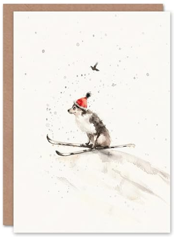 Wee Blue Coo Santa Hat Collie Skiing Festive Dog Lover Fun Xmas Art Blank For All Christmas Card