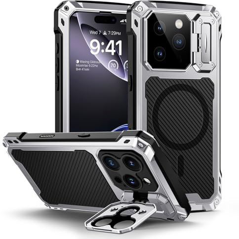 Lanhiem for iPhone 16 Pro Metal Case with Camera Cover & Stand [Compatible with MagSafe] [Built-in Kickstand] [Military-Grade Protection] Heavy Duty Rugged Magnetic Phone Case, Silver