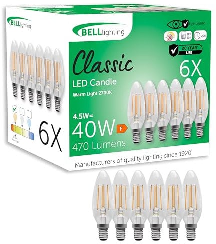 Bell Lighting E14 Small Edison Screw Cap Filament Light Bulb LED Candle 6 Pack | Warm White 2700K | 470 Lumen 4.5 W | Energy Saving Candle LED Light Bulb | 40W Halogen Lamp Equivalent | Non-Dimmable
