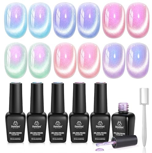 Beetles Cat Eye Gel-Nagellack-Set – 6 Farben Sommer-Chamäleon Katzenauge | Grün Pink Blau Lila Gel mit Magnet Soak-Off UV Prismatic Mirage Collection Salon Nagelkunst Maniküre Geschenk für Frauen