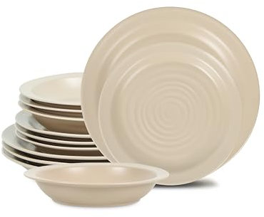 Stone Lain Orbit - Juego de vajilla de 12 piezas de gres, platos y cuencos, cuencos para pasta, aptos para microondas y lavavajillas, juego de platos para 4, beige
