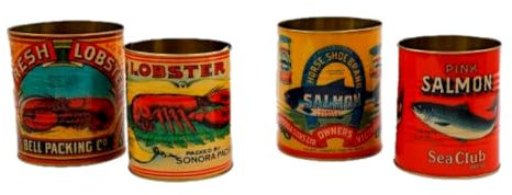 4 x Aufbewahrungsdosen mit Hummer und Lachs, Meeresfrüchte, Werbung, Küche, Retro-Vintage-Stil, mehrfarbig, ca. 13/12 cm