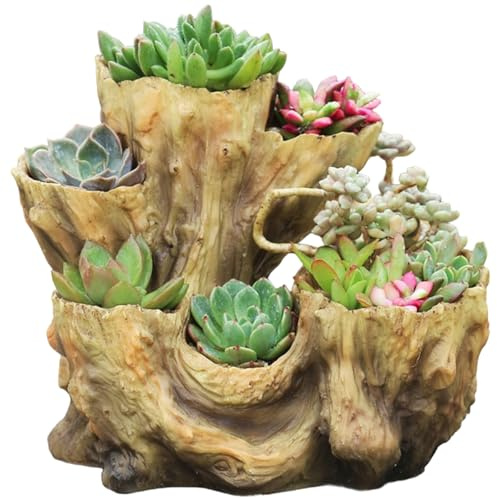 Hintyne Pflanzgefäß aus Treibholz unregelmäßiges rustikales Pflanzgefäß aus Kunstharz kreative Sukkulenten-Töpfe Holzstumpfimitat für Kräuter Blumen Erdbeeren und kleine Pflanzen Rot