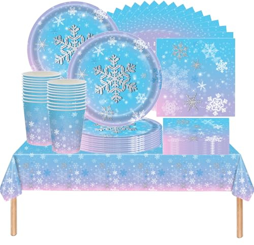 YINcrinx 61 piezas copo de nieve juego de vajilla de fiesta, vajilla de cumpleaños de los niños, Frozen tema decoraciones de la fiesta, tazas, platos, manteles, servilletas, para 20 personas