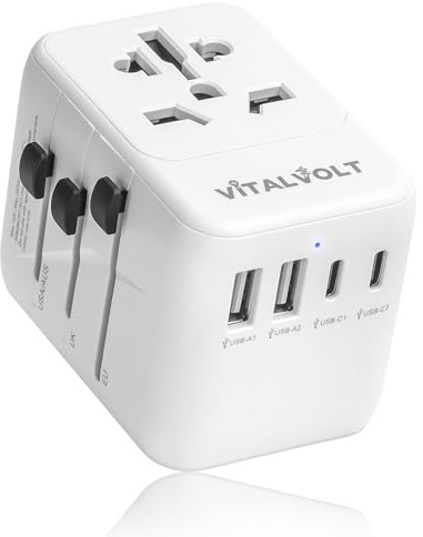 VitalVolt Universal Travel Adapter Worldwide All-in-One International Plug with 2 USB-C & 2 USB-A Fast Charging Ports, Dual Safety Fuse, Compact UK EU AUS USA Travel Adapter for 225+ Countries (SVP)