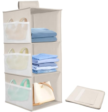 Schrank Organizer Hängend, Hängeregal Stabiler Hängeorganizer Hängeaufbewahrung, Kleiderschrank Organizer Hängend Netzseitentaschen, Faltbare Platzsparend Ordnungssystem für Zimmer (Grau, dreilagig)