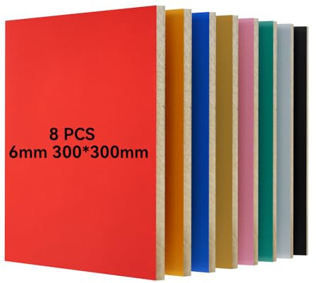Uadme Compensato 6mm, 8 Pezzi 300 * 300 * 6mm Compensato Colorato, Fogli di Tiglio per Incisione Laser, Taglio Laser, Pirografia, Stampa UV