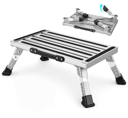 Aluminium Klapptritt mit Griff, Höhenverstellbarer & Klappbar | 4-Stufige Höhenverstellbarer [19-23cm], 350Kg Belastung, Anti-Rutsch, für Wohnmobile, Garten, Camping, Küche, Hundetreppe