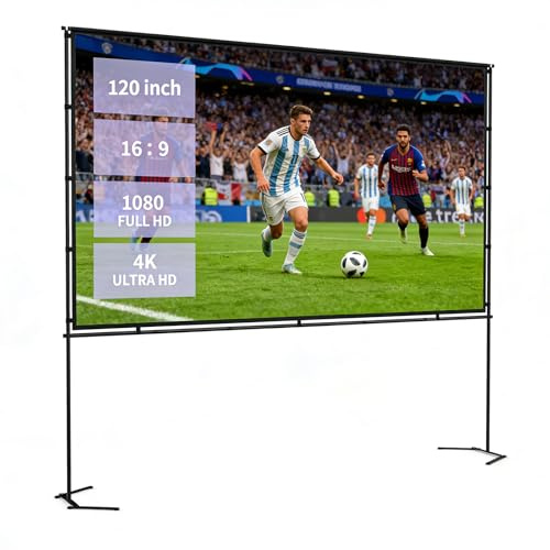 Ecran Videoprojecteur Portable 120 - Toile de Projection 16:9 HD 4K avec Support, Cadre Infroissable - pour Intérieur, Extérieur, Home Cinéma, Fêtes et Camping