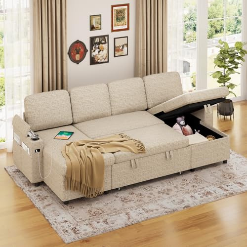 Luxstein Corner Sofa Bed, U-Shaped Sleeper Sectional Couch Bed, 3-in-1 Linen Convertible Pull Out Sofa Bed with Adjustable Backrest, Storage, USB and Cup Holder for Living Room, Beige