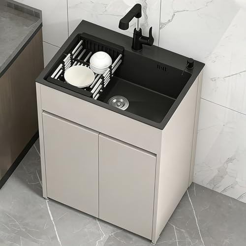 Evier Inox 1 Bac, Évier Commercial, Avec Placards De Rangement Et Robinet Eau Chaude/Froide, Pour Buanderie, Garage Ou Jardin(68 * 45cm/26.8 * 17.7in)