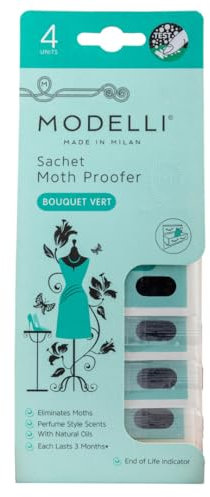Modelli Sachet Moth Proofer, Pack of 4 Sachets - Ideal for Protecting Clothes, Fabrics & Woolens - Bouquet Vert - Visual End of Life Indicator