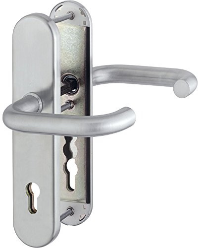 HOPPE 3898733 Sicherheits-Drückergarnitur Paris-DIN-Norm Entfernung 92mm, Edelstahl matt, Langschild Profilzylinder für Türstärke 77-82mm, ohne Kernziehschutz, Klasse 3, 1 Stück