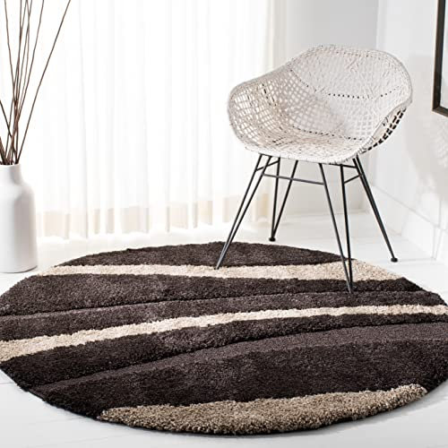 SAFAVIEH Florida Shag Collection Area Rug - 6'7 Round, Dark Brown & Beige, Stripe Design, Non-Shedding & Easy Care, 1.2-inch Thick Ideal for High Traffic Areas in Living Room, Bedroom (SG451-2813)