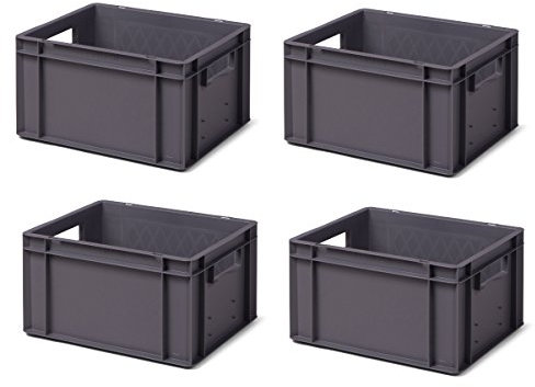 1a-TopStore 4 Stk. Transport-Stapelkasten TK421-0, Grau, 400x300x210 mm, PP, 19 Liter, 40 kg, Lebensmittelecht, Made in Germany, Industriequalität
