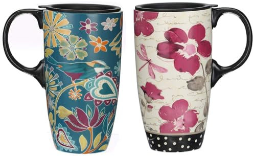 Topadorn 17 oz Tall Ceramic Latte Mug Coffee Cup with Handle Sealed Lid Coffee Mug, Set of 2