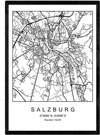 Nacnic Drucken Stadtplan Salzburg skandinavischen Stil in Schwarz und Weiß. A3 Größe Plakat Das bedruckte Papier Keine 250 gr. Gemälde, Drucke und Poster für Wohnzimmer und Schlafzimmer