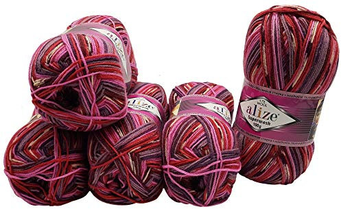 5 x 100 Gramm Sockenwolle mehrfarbig, 75% Schurwolle, 500 Gramm Wolle für Stricksocken und Strümpfe (lila rosa u.a. 2698)