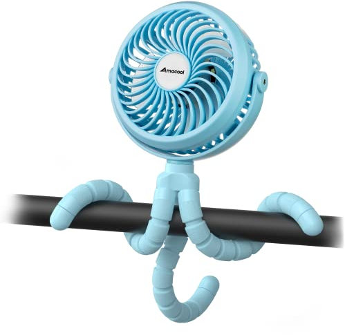 Amacool Battery Operated Stroller Fan Flexible Tripod Clip On fan with 3 Speeds and Rotatable Handheld Personal fan for Car Seat Crib Bike Treadmill(Blue)