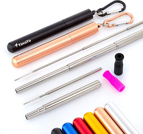 YavaYa® Juego de 2 pajitas telescópicas reutilizables de acero inoxidable, cepillo de limpieza con mosquetón, funda de aluminio, puntas de silicona, elegante pajita de metal para llevar, fácil de