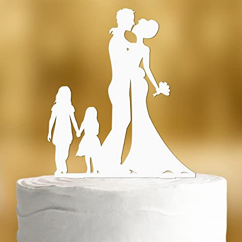 Cake Topper Brautpaar mit Kindern Mädchen [großes und kleines Mädchen] - Acryl weiss deko Hochzeitstorte deko Kuchen Hochzeit Tortendekoration Verlobung Tortendeko