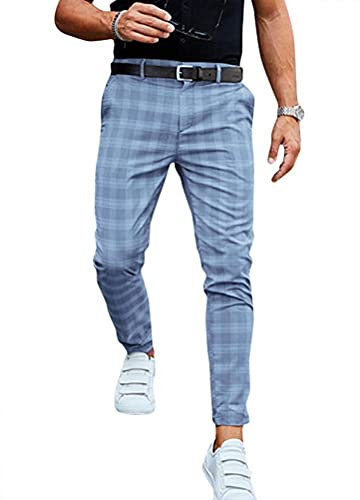 Onsoyours Hommes Chino Slim Fit Rayé Casual Élastique à Carreaux Business Pantalon de Sport Décontracté Coupe Ajustée Gris M