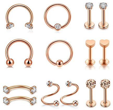 Sunligoo 14stk Lippenpiercing Nasenpiercing Ohrpiercing 16ga Chirurgenstahl Septum Helix Knorpel Tragus Ohr Nase Lippe Piercing Schmuck für Damen Herren Rosegold