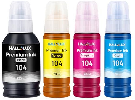 HALLOLUX 104 Tinte Kompatibel für Epson 104 Tintenflasche Multipack für Epson ET-2710 ET-2711 ET-2712 ET-2714 ET-2715 ET-2720 ET-2721 ET-2726 ET-4700 (4er-Pack Schwarz Cyan Magenta Gelb)
