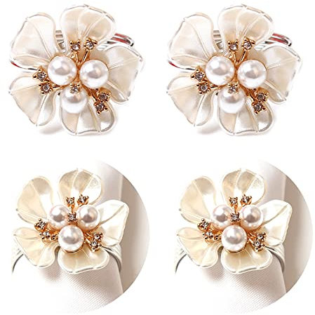 Marooma Serviettenringe, Perlen-Blumendesign, 4 Stück, weiße Blumen-Serviettenringe, Perlen-Serviettenringe, Halter, Blütenblatt, Perlen, Strasssteine, Serviettenringhalter, Serviettenschnallen für