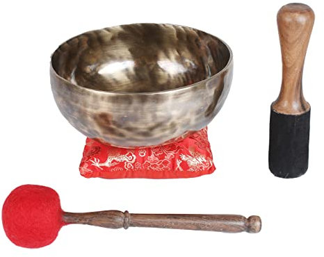 ESK Tibetische Klangschalen-Set, 17,8 cm, Meditation, Zen-Dekor, spirituelle und Körperheilung und Energiereinigung, handgefertigt, mit Seidenkissen, Stäbchen und Flagge