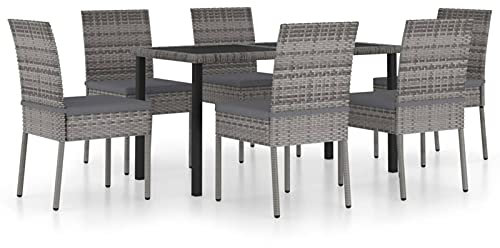 Gecheer 7-TLG. Garten Essgruppe 6 Personen, Sitzgruppe Terrasse, Esstisch & 6 Stühle mit Sitzpolster, Sitzgarnitur Poly Rattan Grau