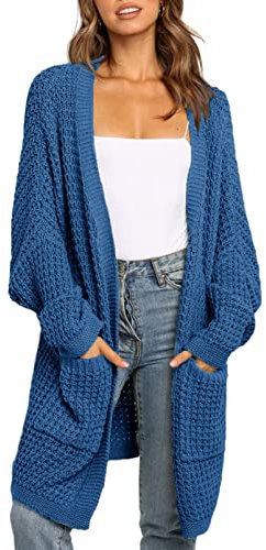 Maavoki Cardigan lungo da donna, oversize, a maniche lunghe, casual, con tasca, Blu scuro, S
