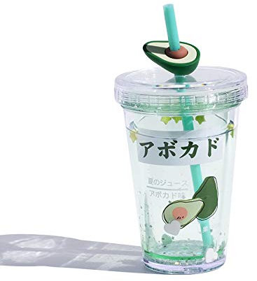 15oz Kawaii Water Bottle with Straw Portable Glitter Cute Cup with Strawberry and Avocado Pattrns Kawaii Stuff (Green)
