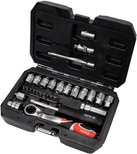 Yato Werkzeugkoffer Steckschlüsselsatz Ratschenkasten 1/10.2 cm Ratschenkasten Nusskasten KFZ Werkzeug Set 29-teilig