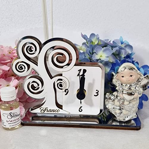 Profumatori bomboniere albero della vita orologio in legno su base in plexiglass con elegante bomboniera angioletto assortite