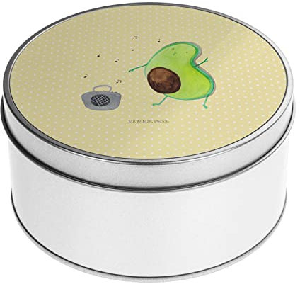 Mr. & Mrs. Panda Blechdose rund Avocado Tanzen - Geschenk, fröhlich, Veggie, Feier, Metalldose, Vegan, Gesund, Party, Geschenkbox, Musik, Keksdose,