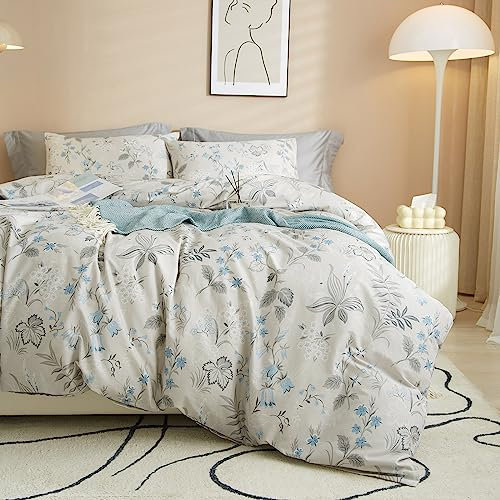 EAVD Bettwäsche-Set für Super-Kingsize-Bett, Baumwolle, mit grauem Blumenmuster, mit 2 Kissenbezügen, Grau und Blau