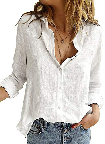 BLENCOT Damen Bluse Langarm Hemden Casual V-Ausschnitt Roll Up Ärmel Button Down Blusen Tops,L,Weiß