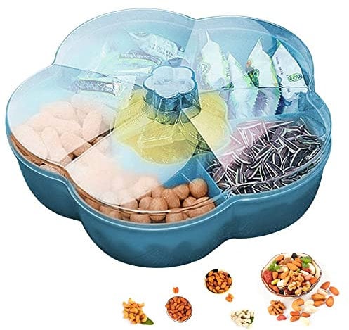 TANJI Snack Aufbewahrungsbox, Snack Serviertablett, Mit Deckel, Süßigkeitenteller, Süßigkeiten Tablett Mit Fach für Nüsse, für Früchte, Nüsse, Snacks, Süßigkeiten, Kekse (Blau)