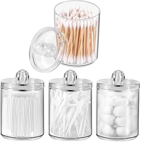 Annhua 4 Pcs Cotton Bud Holder 10 Oz Cotton Pad Holder with Lids, Plastic Bathroom Jars for Facial Pads, Swabs, Dental Picks, Hair Bands, and Hair Clips - Clear