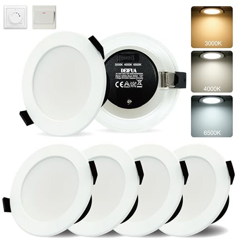 DEIFUA 4er LED Einbaustrahler Dimmbar 10W Flach Einbauleuchten, 3000K-4000K-6500K Verstellbar, Dimmbar in 3 Stufen per Schalter, Kontinuierliche Variable durch Dimmer, Dimmbare Funktion 2 in 1, IP44