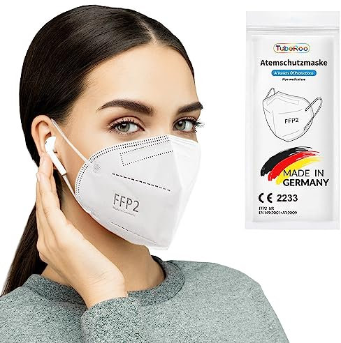 TubeRoo FFP2 Maske 1 Stück Masken, Made in Germany, Versand aus Deutschland, weiche runde Ohrschlaufen Bänder, Atemschutzmaske, Mundschutz, Staubmaske, Feinstaub, Feinstaubmaske, Staubschutzmaske