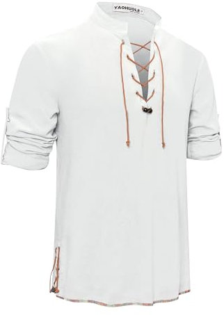 YAOHUOLE Chemise Homme Manches Longues Henley Shirt Chemise Lin Lacet Homme Tunique Viking Homme Blanc 2XL